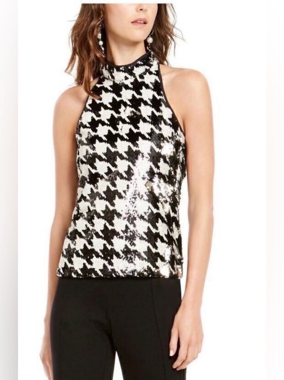 INC International Concepts Sequined Houndstooth Halter Top Sz S